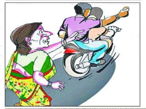 Three people, including a mother and son riding a bike looting